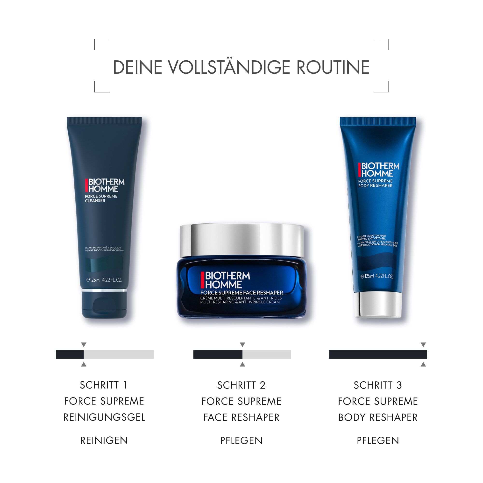 Drei Kosmetikprodukte, vertikal angeordnet; Text: "MEINE FALTENFREIE ROUTINE." Produktnamen unten.