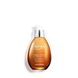 Eine bronzefarbene Flasche mit silbernem Pumpverschluss auf weißem Hintergrund. Text: "BIOTHERM AQUASOURCE" und weitere Details.